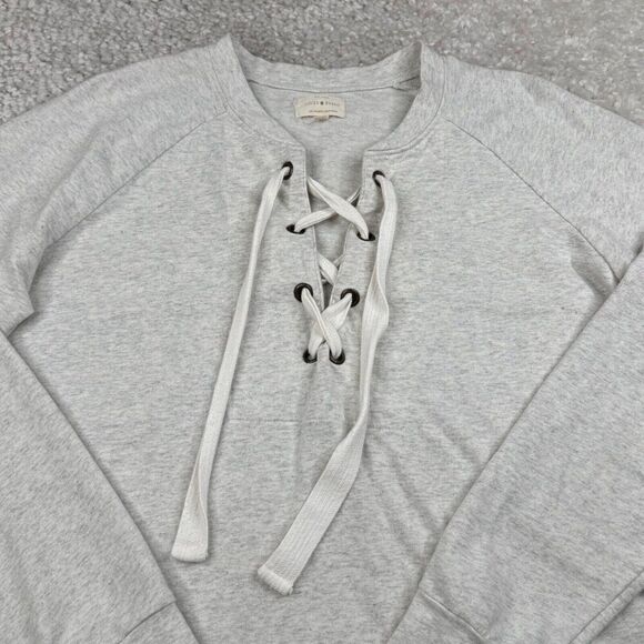 Lucky Brand Vintage Lace Up Pullover Sweatshirt Light Gray Beige - Picture 6 of 7